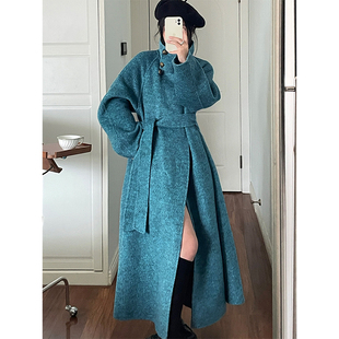 蓝屿海湾羊毛长款 蓝色系带斗篷大摆外套女 手工双面呢大衣冬新款