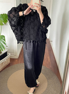 黑色醋酸灯笼裤透气薄款女装夏季新款设计感宽松弹力腰束脚休闲裤