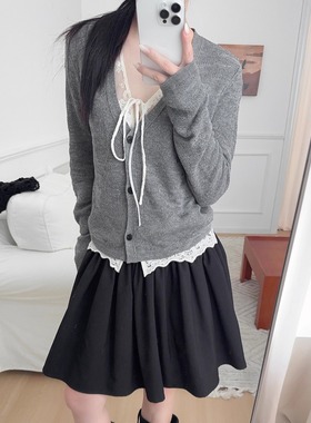 假两件蕾丝拼接开衫立体肌理层次灰色V领修身针织衫女装秋冬新款