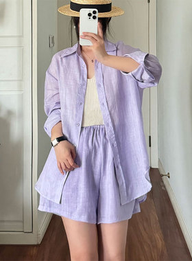 紫色天丝苎麻防晒轻薄套装衬衫短裤冰凉透气女装春夏季新款多巴胺
