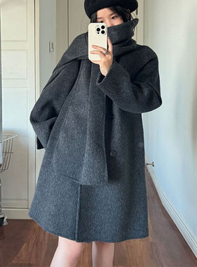 灰色可拆卸围巾领羊毛双面呢子大衣女装秋冬季新款中长款宽松外套