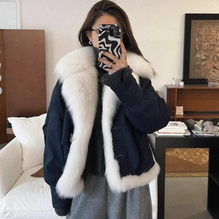狐狸毛大翻领白鹅绒麂皮绒质感短款羽绒服加厚长袖外套女装冬新款
