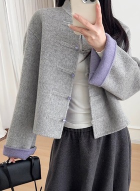 新中式国风灰紫色盘扣绵羊毛双面呢手工大衣短款外套女2025冬新款