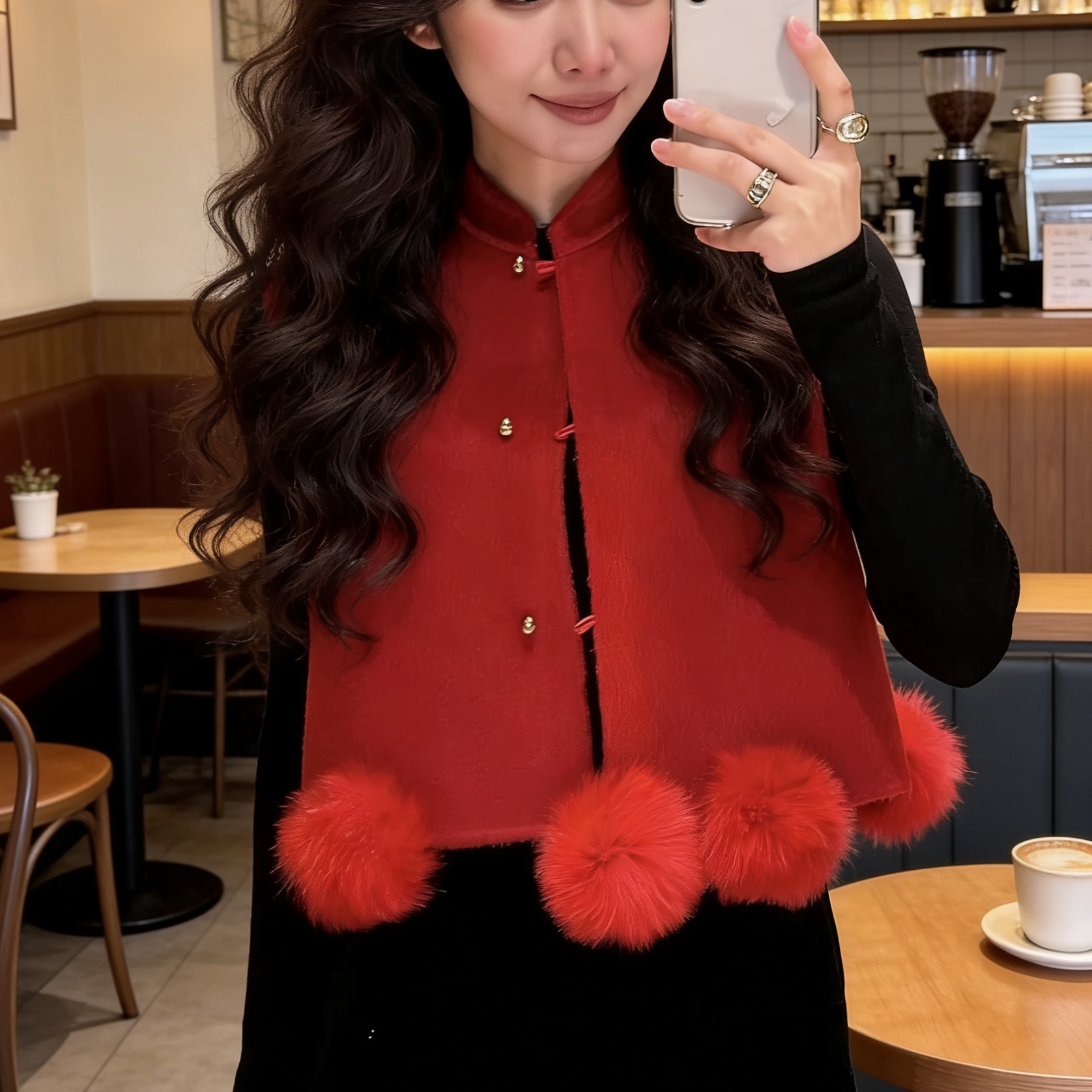 新中式国风红色千金感狐狸毛球双面羊毛呢立领正襟短款马甲背心女,女装/女士精品,马夹,淘宝优惠券,粉丝福利购,淘宝优惠卷