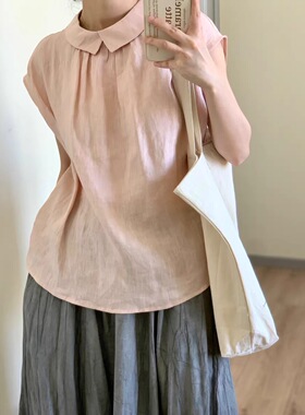 邻家女孩亚麻衬衣女夏季薄款宽松气质日系文艺两面穿粉色短袖衬衫