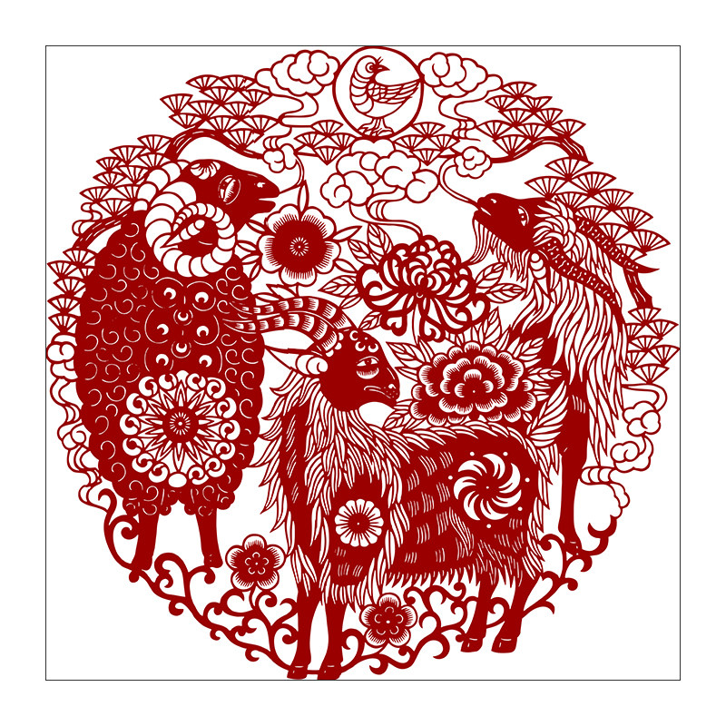 高清手工剪纸三阳开泰黑白打印底稿传统吉祥窗花刻纸图案素材图样