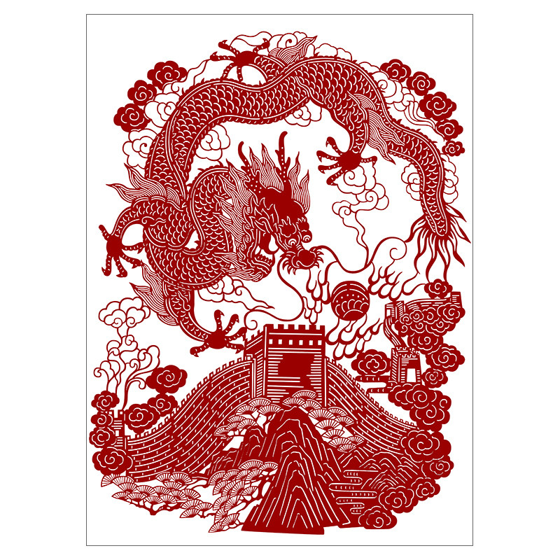 中国长城龙剪纸图样手工刻纸图案打印底稿花鸟图样黑白打印复印稿