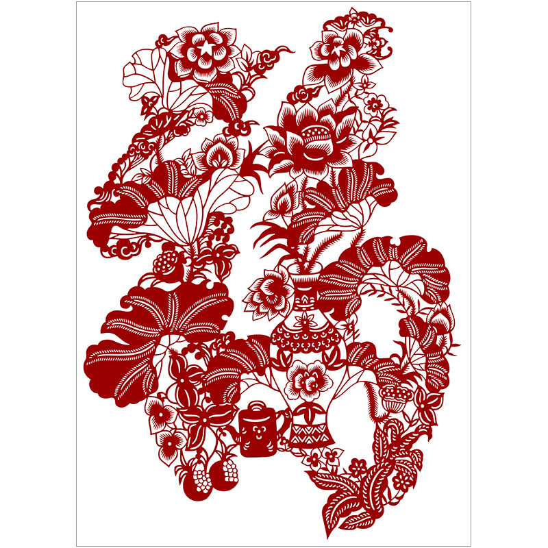 荷花福字剪纸底稿手工刻纸图样diy模板中国风窗花图案黑白打印稿
