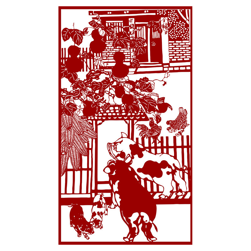 高清剪纸图样手工刻纸花鸟农家小院图案黑白打印底稿中国风窗花