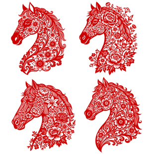 马年窗花剪纸底稿图样4张手工刻纸骏马图样模板中国风窗花打印稿