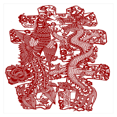 龙凤呈祥喜字剪纸底稿刻纸图案