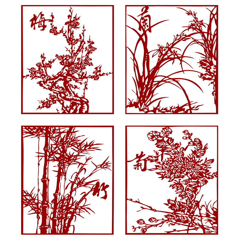 jp49梅兰竹菊剪纸图案素材纯手工刻纸图样黑白打印中国风镂空窗花