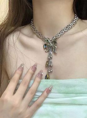 中式朋克蝴蝶蓝色流苏长款项链流苏复古锁骨链简约新中式小众