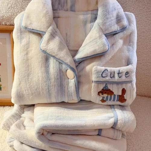 秋冬季女童加厚保暖法兰绒儿童卡通腊肠狗珊瑚绒睡衣中大童家居服