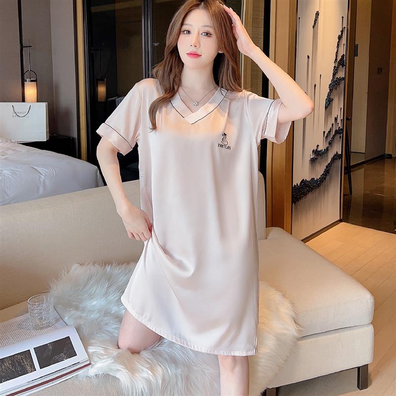 睡裙女士冰丝2025年新款夏季薄款短袖宽松睡衣家居服垂坠感连衣裙