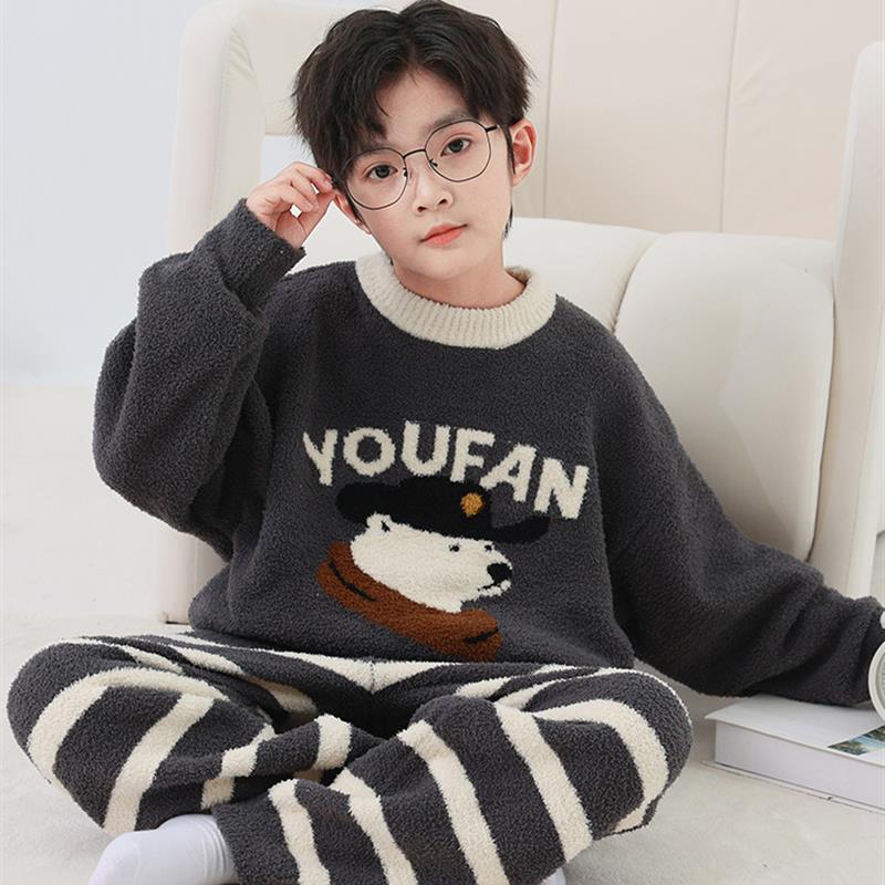 男童秋冬款珊瑚绒睡衣套装2025新款大童冬季加绒儿童法兰绒家居服