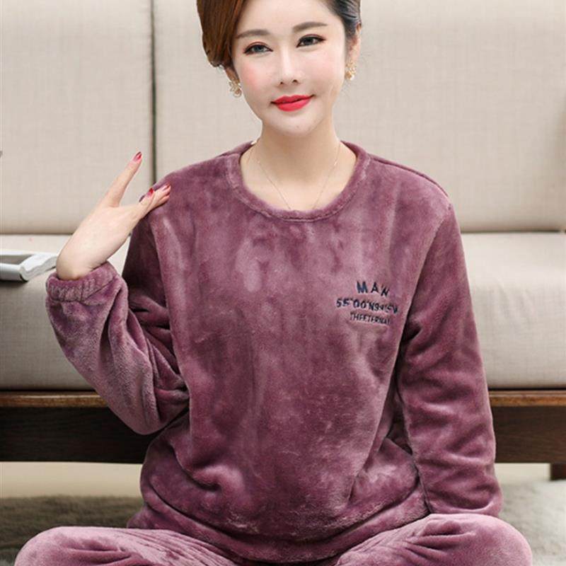 中老年法兰绒衬里大码家用套装中老年秋冬妇女用珊瑚绒加厚睡衣