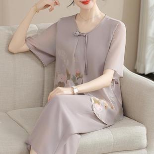 氣質(zhì)國風(fēng)雪紡小衫 中老年女夏季 媽媽夏裝 短袖 T恤上衣 套裝 2025新款