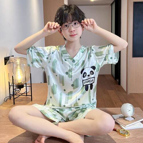儿童睡衣男童夏季薄款冰丝短袖夏款中大童12岁13男孩网红帅气套装