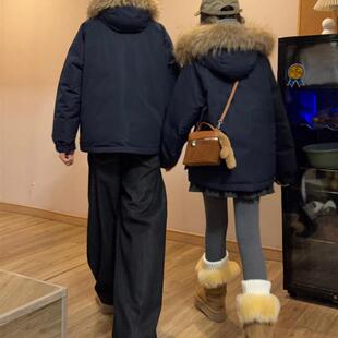 派克服 情侣外套高级感防寒工装 藏青色毛领连帽羽绒棉服男女款 冬季