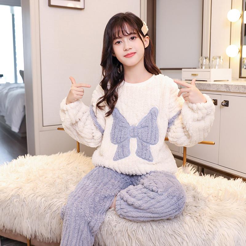 儿童珊瑚绒睡衣女童加绒法兰绒保暖秋冬时尚女孩中大童家居服套装
