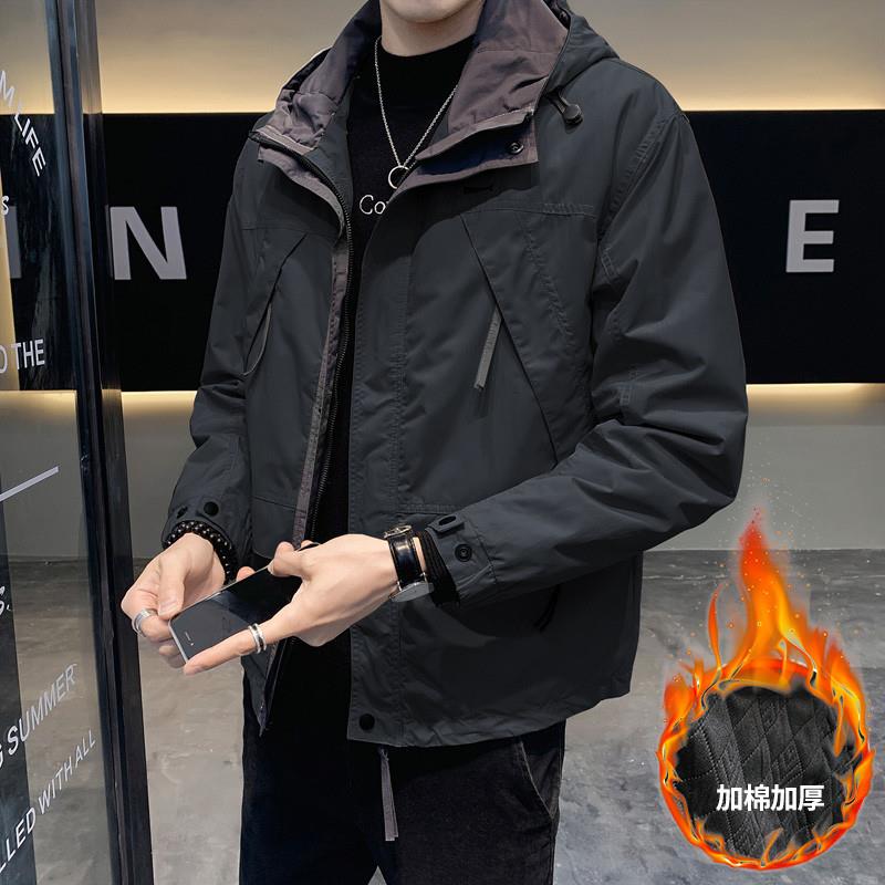 2025新款春秋季潮牌百搭夹棉冲锋衣男士休闲连帽棉衣工装夹克外套