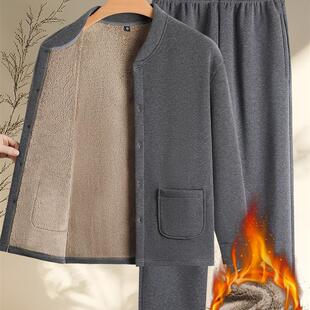 爷爷冬装 加绒加厚爸爸棉衣棉裤 男冬季 中老年人羊羔绒保暖内衣套装