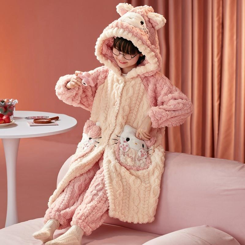 2025新款女孩珊瑚绒睡袍中长款儿童睡衣冬季加厚法兰绒女童家居服