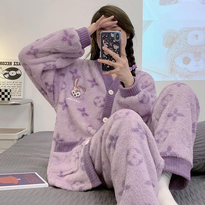 2025年新款秋冬季天睡衣女士珊瑚绒套装法兰绒毛绒加厚家居服大码