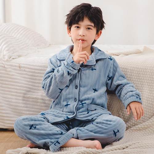 男童法兰绒睡衣秋冬2-14岁儿童女孩加厚珊瑚绒套装保暖大童家居服