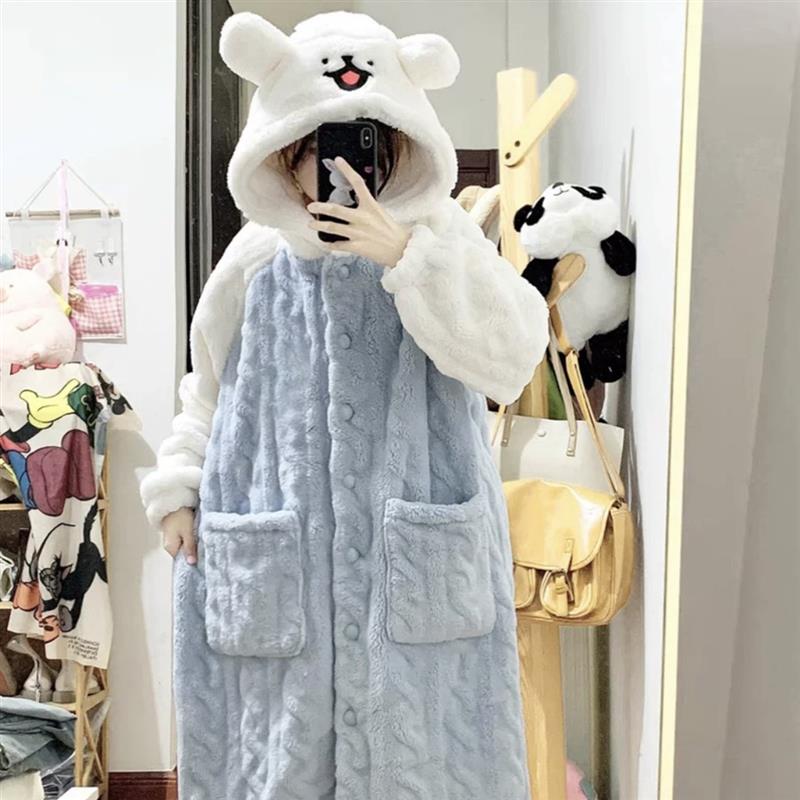 线 线条小狗睡袍女秋冬季珊瑚绒加厚长版连帽睡衣初中学生大童家