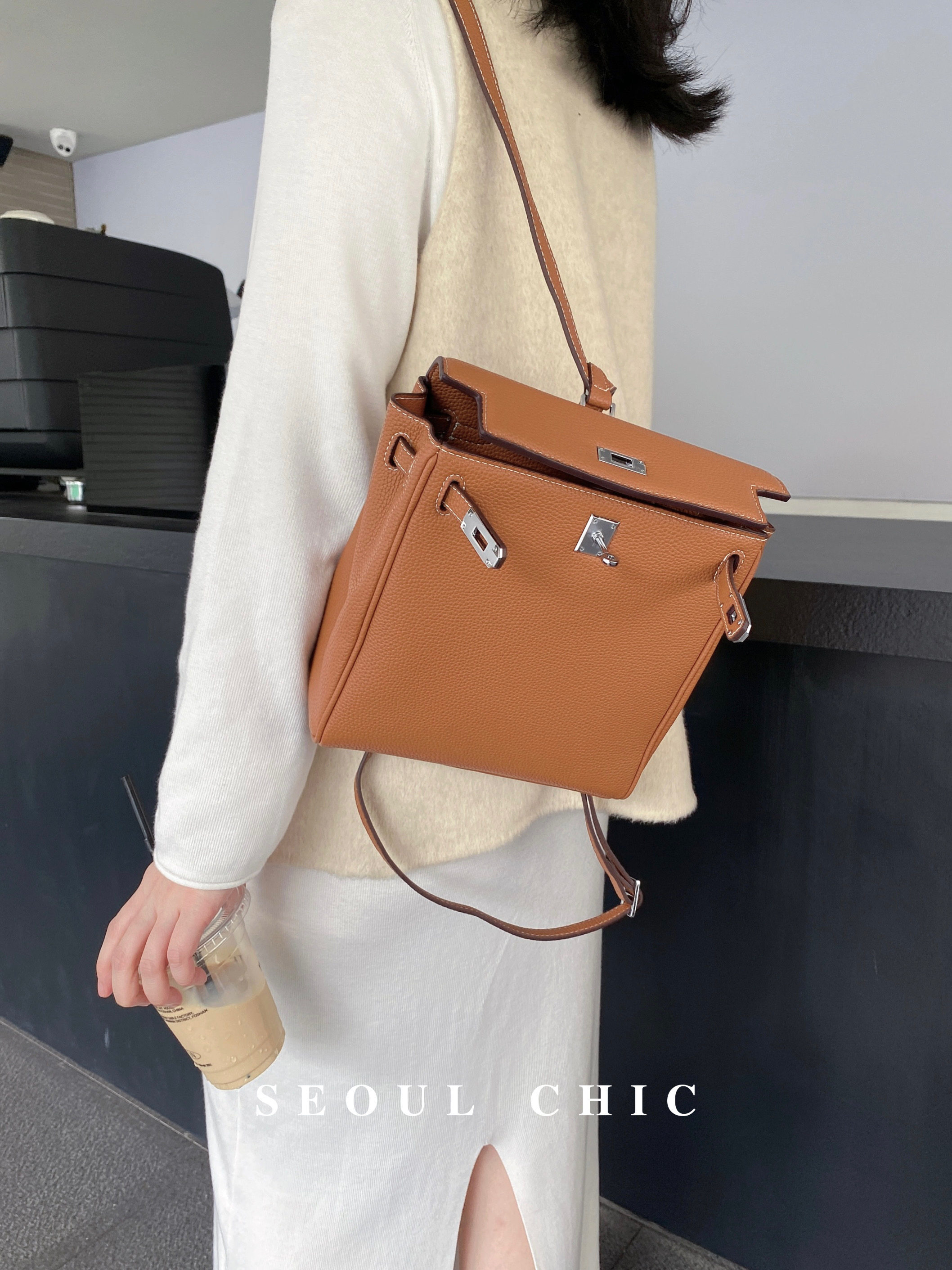 SEOULCHIC 高级感凯莉包双肩包2024新款百搭时尚荔枝纹休闲背包女