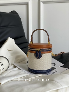 SEOULCHIC 高级感撞色水桶包2024新款复古拼接帆布单肩斜跨手提包