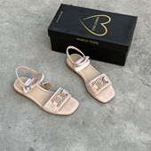 搭扣露趾低跟舒适女凉鞋 外贸出德国单休闲风平底一字带凉鞋 女夏季