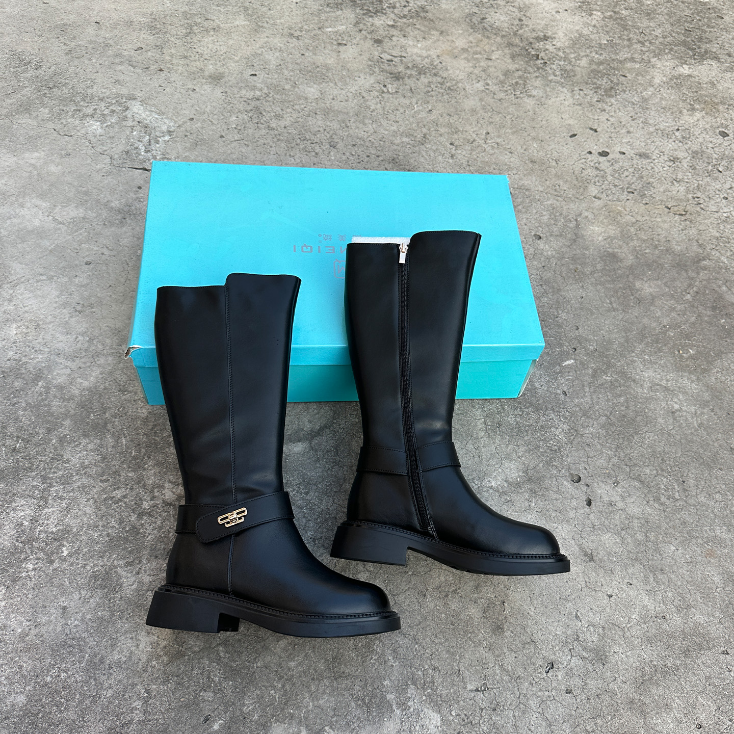 外贸真皮英伦风黑色长筒骑士靴