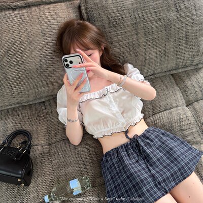 Lukira 莱赛尔学院 法式荷叶边泡泡袖刺绣衬衫女夏季短款凉感上衣
