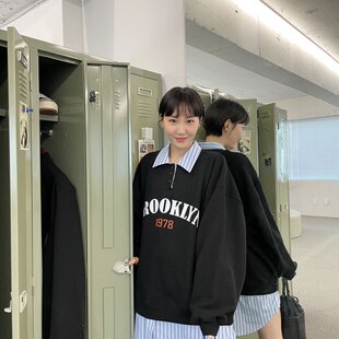 已出货 韩国chic秋季新款减龄polo领拼接假两件卫衣连衣裙女