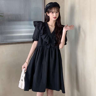实拍夏装新款韩版大码女装收腰V领泡泡袖小众连衣裙 M-4XL200斤