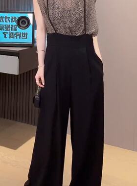 气质豹纹无袖上衣阔腿背带裤两件套女夏高级感显瘦极简风时尚套装