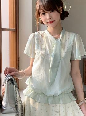 铃兰奈奈 少女飘带千金感拼接上衣女夏新款+百搭碎花半身裙褶裙夏