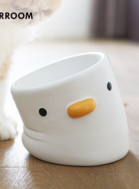 PURROOM原创陶瓷小鸡猫碗斜口加高预防黑下巴食盆保护颈椎防打翻