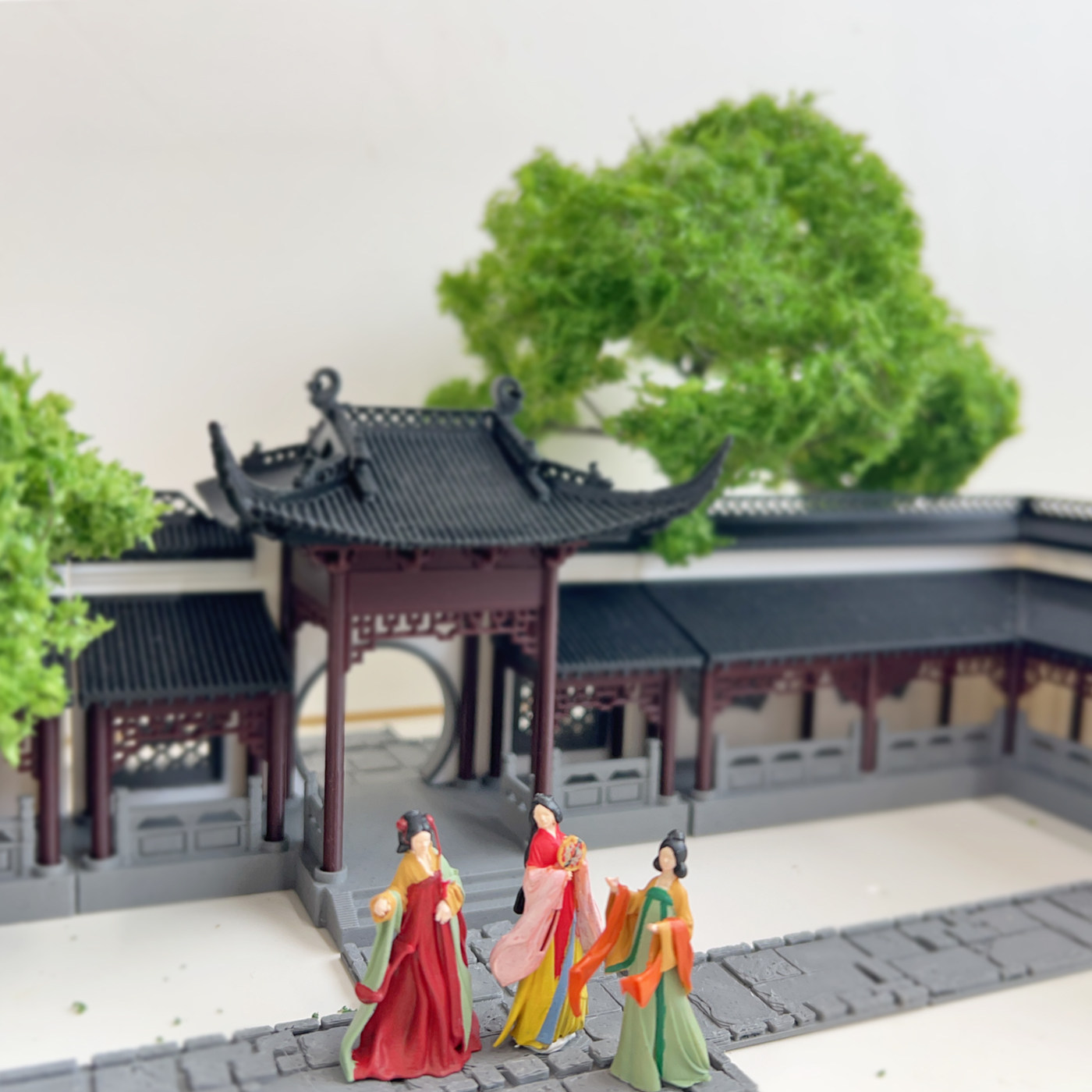 古代美女3D打印中式古建筑门楼鱼缸造景庭院装饰摆件