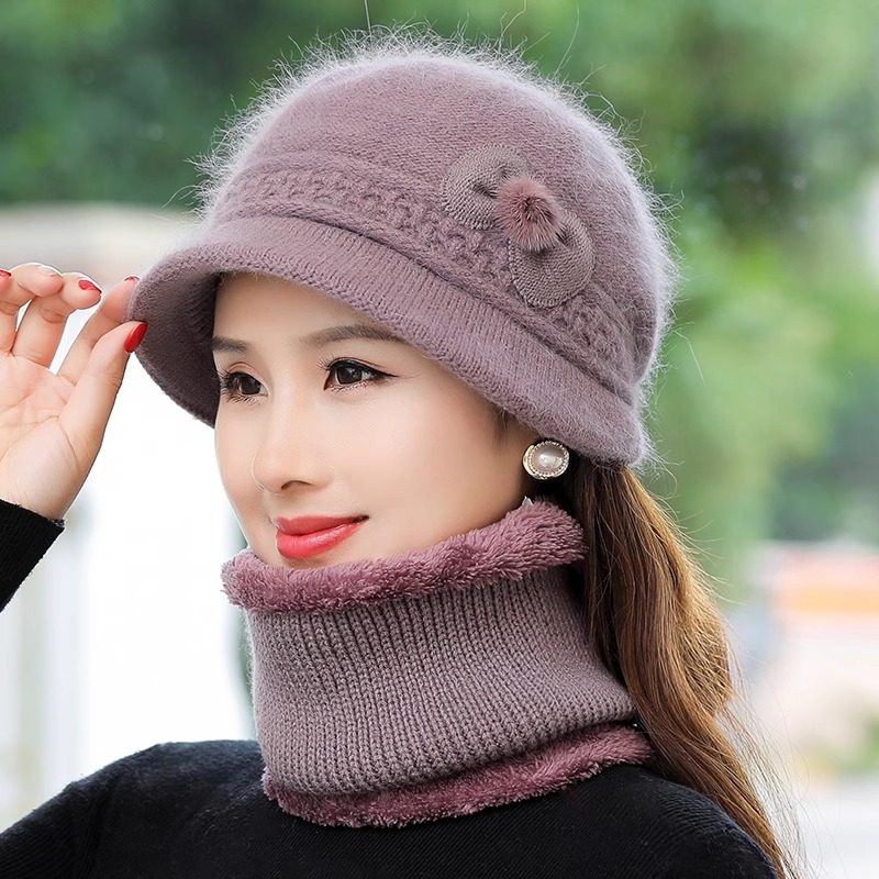 中老年人帽子女冬季妈妈帽冬天加绒加厚保暖奶奶毛线帽围脖两件套