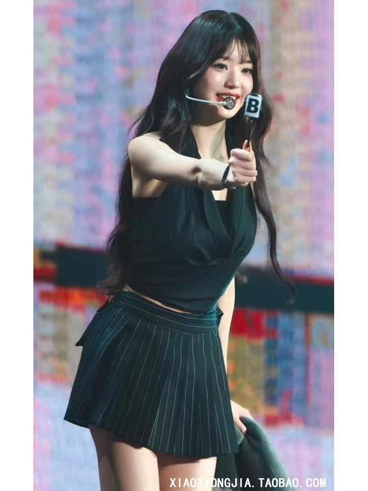 ZHANG YUANYINGS SAME BLACK HALTERNECK VEST SLEEVELESS TOP STRIPED HIGH-WAISTED SKIRT SHORT SKIRT HOT GIRL SUIT FEMALE SUMMER