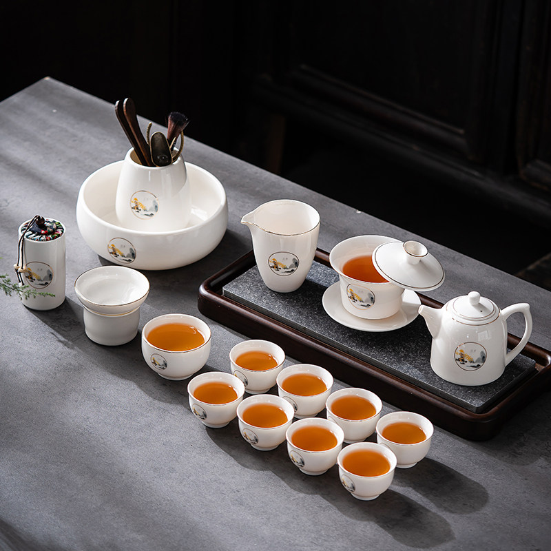 晟翔陶瓷茶具套装羊脂玉瓷松山12件套加六君子茶洗