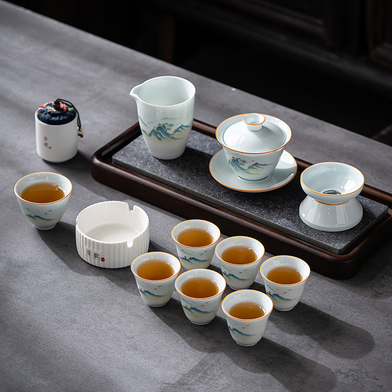 晟翔羊脂玉瓷茶具套装—山水影青盖碗主人杯11头加烟灰缸 茶叶罐