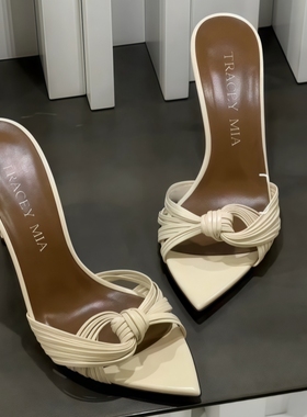 2025年新款夏尖头高跟鞋细跟半拖鞋女性感细带编织一字带凉拖鞋女