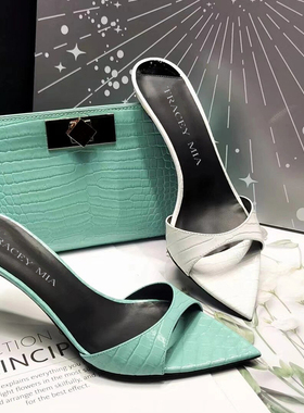2025年夏新款尖头细跟一字带高跟鞋鳄鱼纹性感时尚凉拖半拖凉鞋女