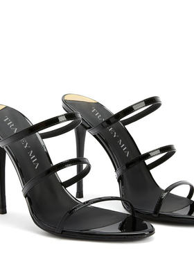 2025年夏新款高跟鞋女细跟露趾一字带黑色漆皮百搭半拖鞋女凉拖鞋