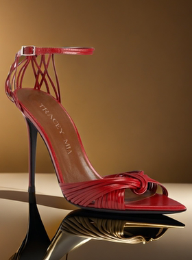 2025年新款夏红色尖头气质绝美高跟鞋女细跟性感编织一字带扣凉鞋